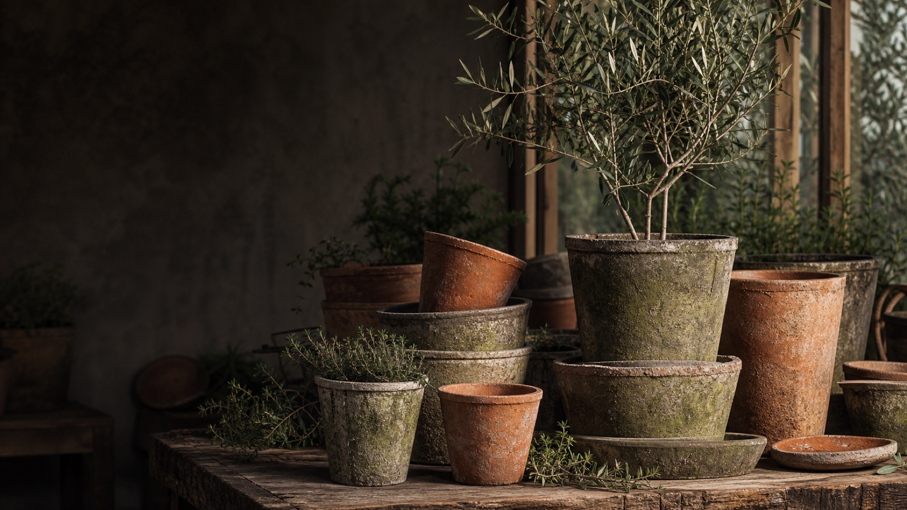 A curated garden setting showing rustic and moss-finish terracotta planters