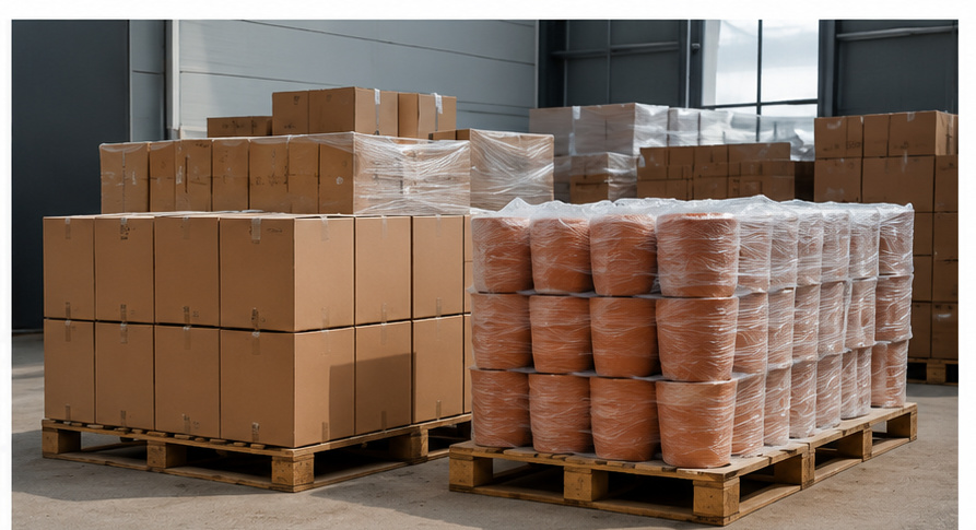 TAO-POTS terracotta planters and cartons prepared on export pallets